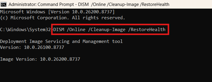 Screenshot of an Administrator Command Prompt window showing the DISM RestoreHealth tool command outlined by a red rectangle.