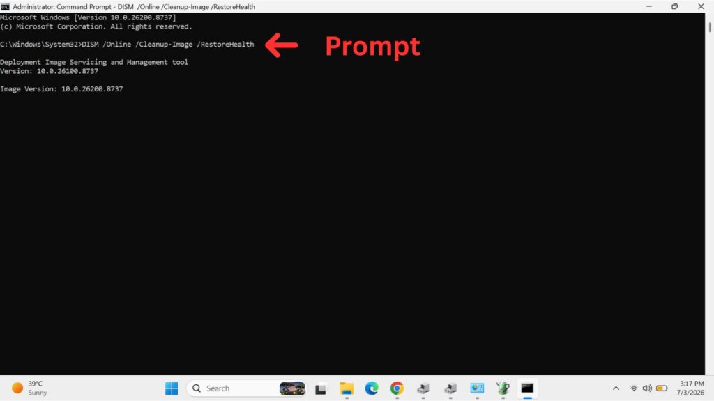 Administrative Windows Command Prompt showing the DISM online cleanup image restore health command with a red indicator arrow.