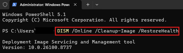 Administrator Windows PowerShell window showing the DISM Online Cleanup-Image RestoreHealth command highlighted inside a red box.