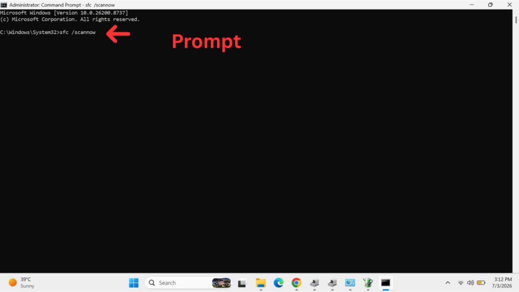 Administrative Windows Command Prompt window showing the sfc /scannow command entered at the command line with a red arrow.