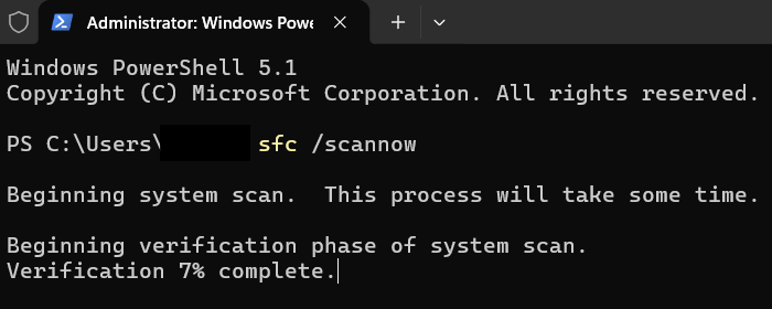  Administrator Windows PowerShell window showing the sfc /scannow command running with a system scan verification at 7 percent complete.