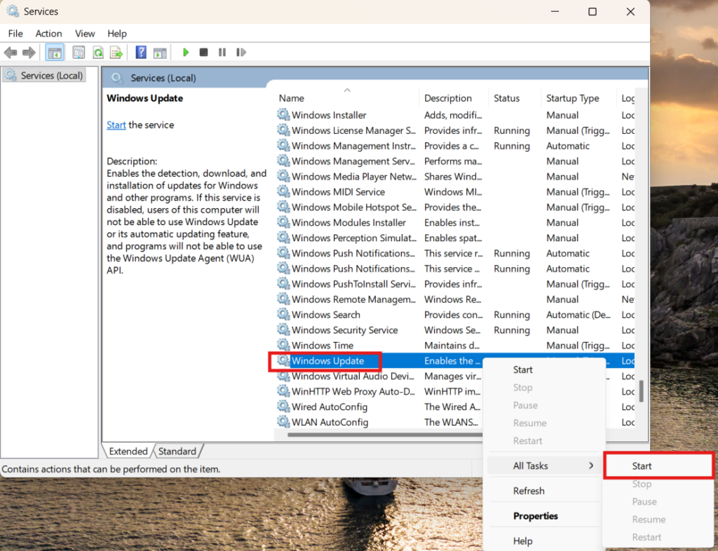 Screenshot of the Windows Services manager app with red boxes highlighting the selected Windows Update item and the Start option in the right-click context menu.
