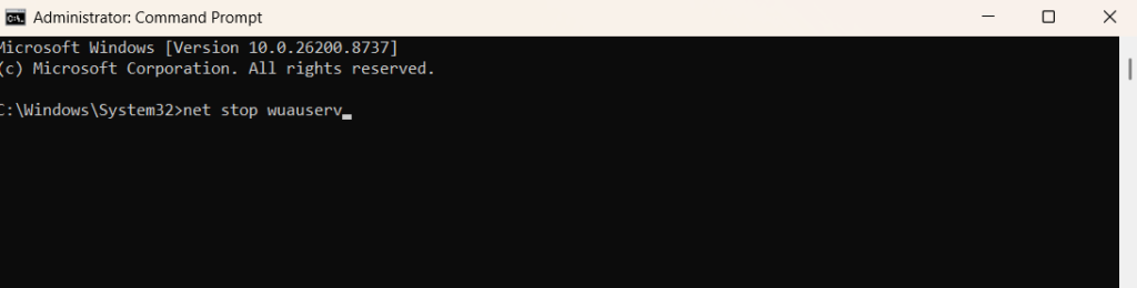 Screenshot of an Administrator Command Prompt window showing the net stop wuauserv command outlined by a red rectangle.