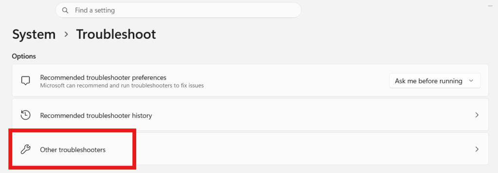 The option Other Troubleshooters in windows 11 settitngs