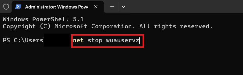 Screenshot of an Administrator Windows PowerShell terminal window with a red rectangle highlighting a command that contains a typo: net stop wuauservz.