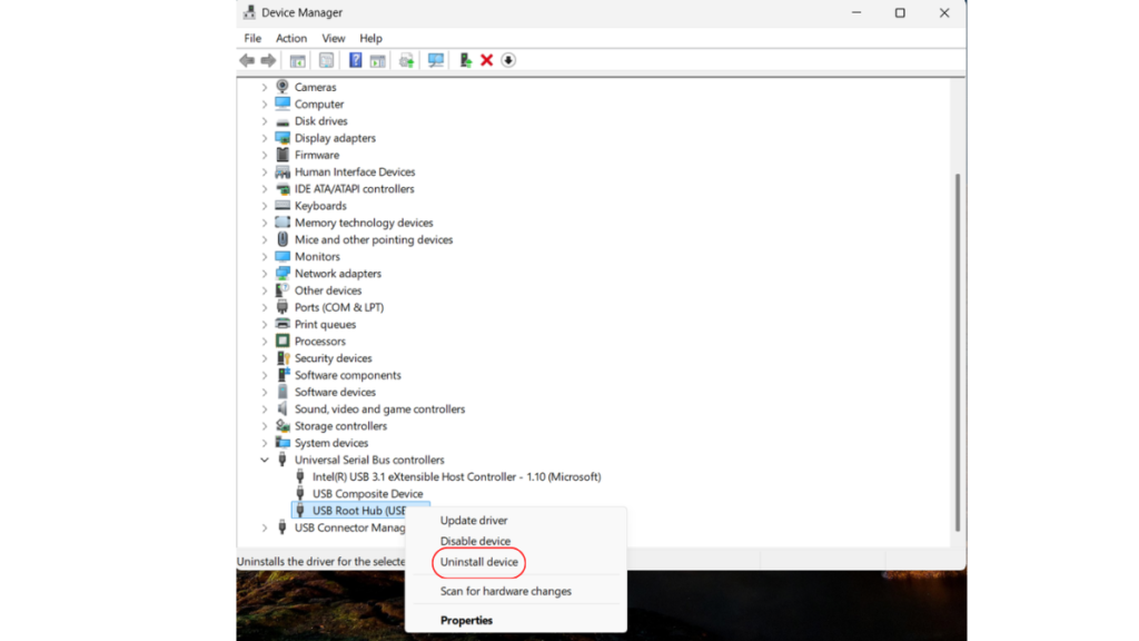 Device Manager in Windows 11 showing a right-click context menu on USB Root Hub with Uninstall device circled in red.