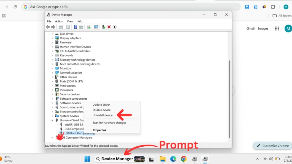 Windows Device Manager interface showing a right-click menu with a red arrow pointing to the Uninstall device option for the USB Root Hub.