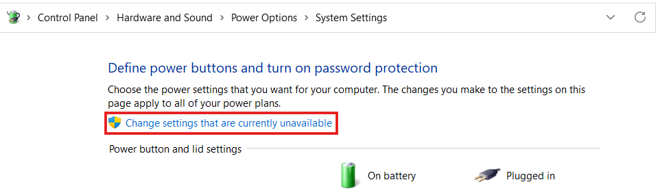 Windows Control Panel System Settings page with a red box highlighting the Change settings that are currently unavailable administrator link.