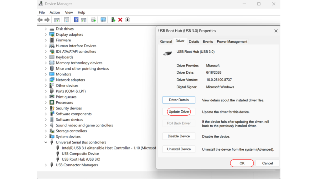 USB Root Hub Properties window overlaying Device Manager in Windows 11 with Update Driver and OK buttons circled in red.