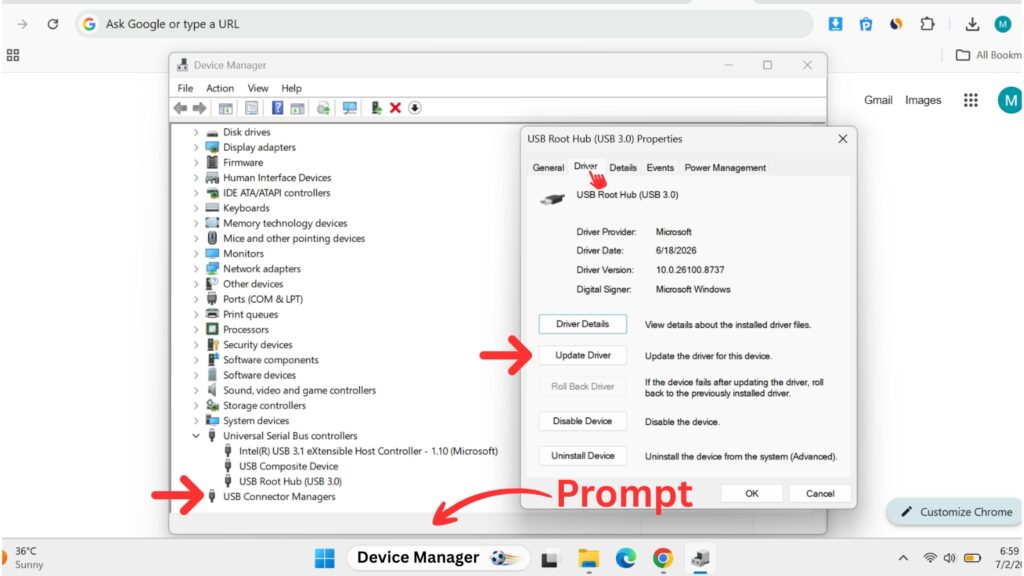 Windows Device Manager showcasing USB Root Hub properties with red indicators highlighting the driver tab and update button.