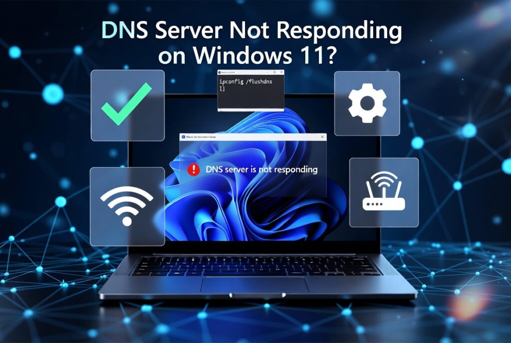 A stylized tech graphic featuring a modern laptop open to a dark blue abstract Windows 11 wallpaper. The screen displays overlapping UI windows showing a command prompt with "ipconfig /flushdns" and an error message box stating "DNS server is not responding". Floating transparent icon tiles surround the laptop, showing a green checkmark, a gear settings icon, a Wi-Fi signal, and a router network symbol. Bold white headline text sits at the top against a glowing digital network node background.