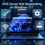 A stylized tech graphic featuring a modern laptop open to a dark blue abstract Windows 11 wallpaper. The screen displays overlapping UI windows showing a command prompt with "ipconfig /flushdns" and an error message box stating "DNS server is not responding". Floating transparent icon tiles surround the laptop, showing a green checkmark, a gear settings icon, a Wi-Fi signal, and a router network symbol. Bold white headline text sits at the top against a glowing digital network node background.