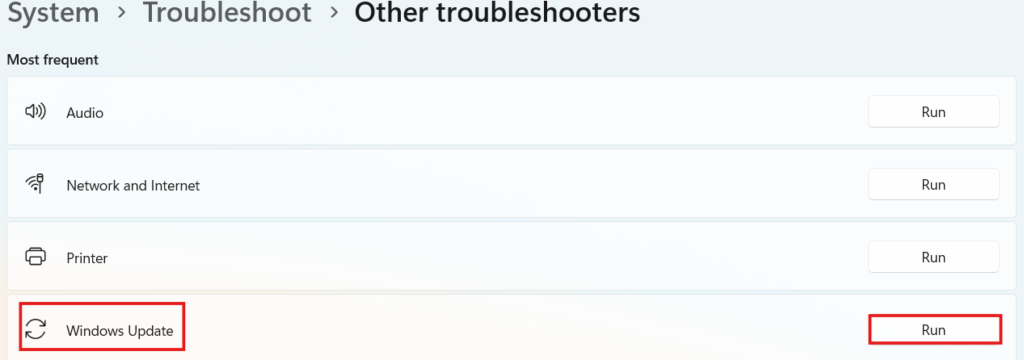 A screenshot of the Windows 11 "Other troubleshooters" settings page, with red rectangles highlighting the "Windows Update" label and its corresponding "Run" button.