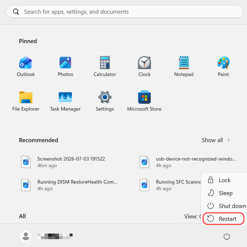Windows 11 Start menu open showing pinned apps and the power menu with the Restart option highlighted in a red circle.