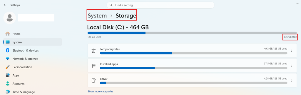 A screenshot of the Windows 11 Storage settings menu for Local Disk C, with red rectangles highlighting the "System > Storage" navigation path and the "336 GB free" indicator.