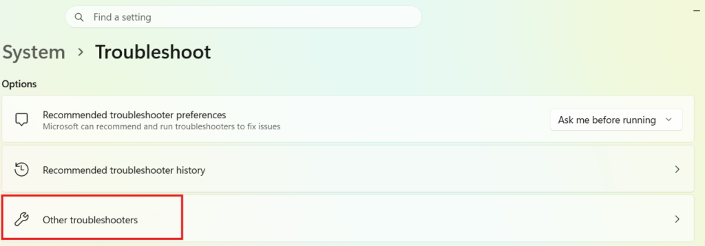 A screenshot of the Windows 11 Settings app in the Troubleshoot section, with a red rectangle highlighting the "Other troubleshooters" option at the bottom.