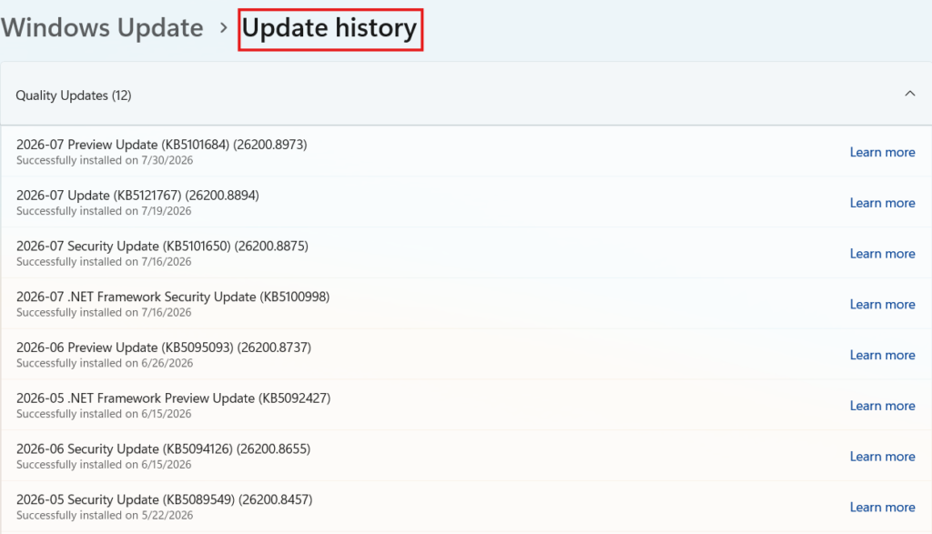 A screenshot of the Windows Update History screen, showing a list of successfully installed Quality Updates with a red rectangle highlighting the "Update history" header.