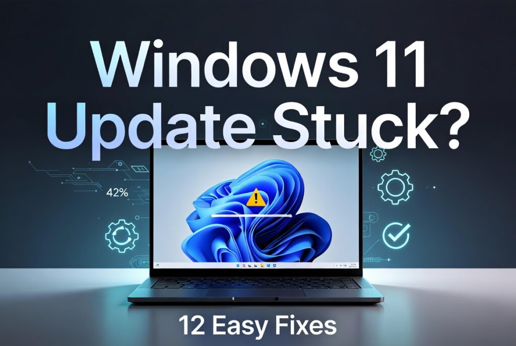 Windows 11 update stuck at 50 percent with troubleshooting tools and repair icons.