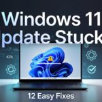 Windows 11 update stuck at 50 percent with troubleshooting tools and repair icons.