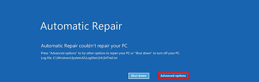 Windows blue screen error displaying Automatic Repair couldn't repair your PC with a red box highlighting the Advanced options button.