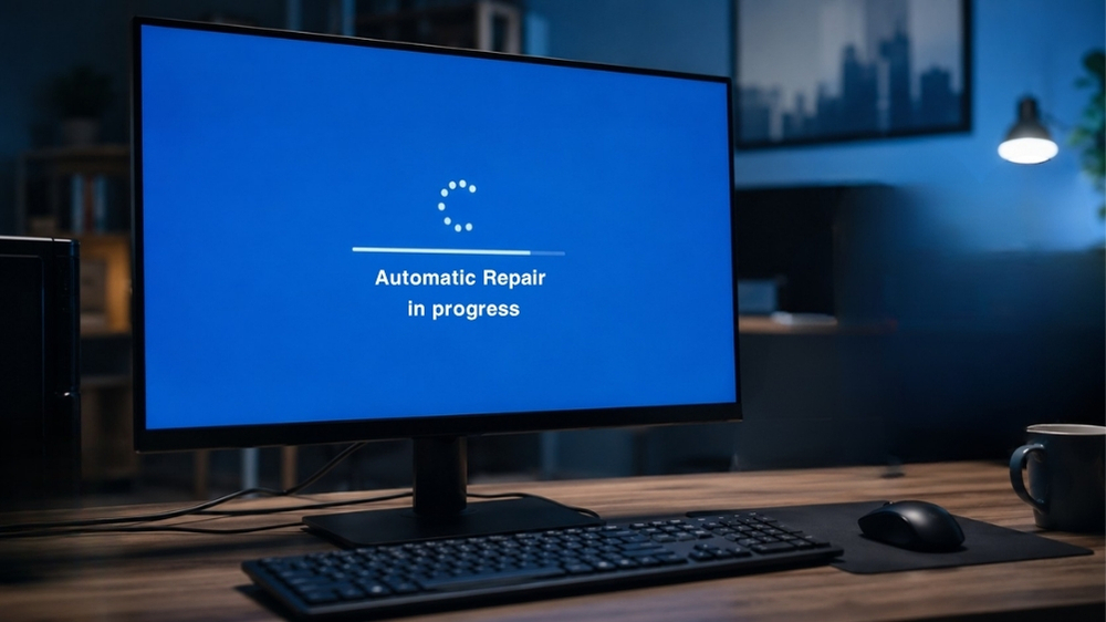 A computer monitor on an office desk displaying a blue Windows screen with a progress bar and the text "Automatic Repair in progress."
