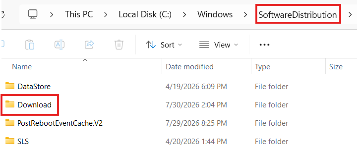 Windows File Explorer showing the Download folder inside the SoftwareDistribution directory under Local Disk C.