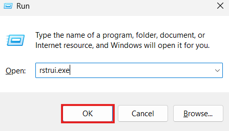 A screenshot of the Windows Run dialog box with "rstrui.exe" entered into the Open field, and a red rectangle highlighting the OK button.