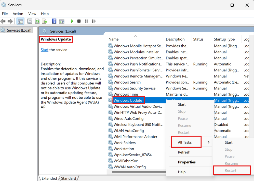 A screenshot of the Windows Services management console, showing the Windows Update service highlighted and a context menu navigated to All Tasks and Restart.
