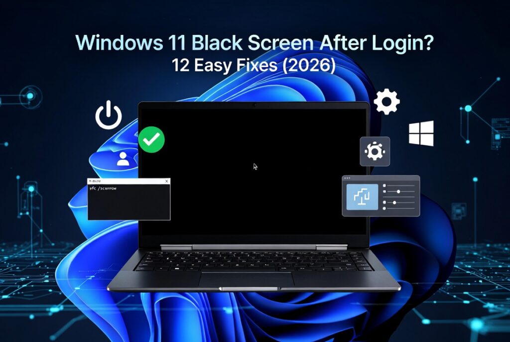 Windows 11 laptop displaying a black screen after login with troubleshooting tools and repair icons.