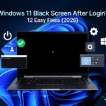 Windows 11 laptop displaying a black screen after login with troubleshooting tools and repair icons.