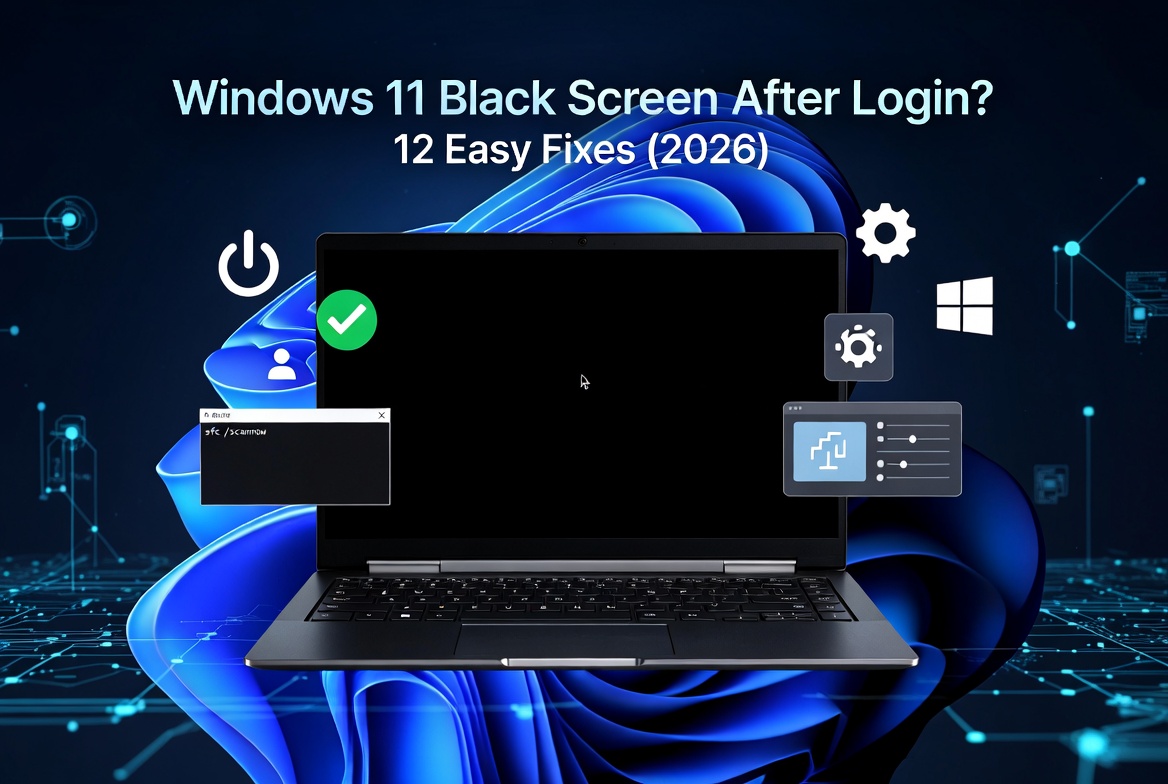 Windows 11 laptop displaying a black screen after login with troubleshooting tools and repair icons.