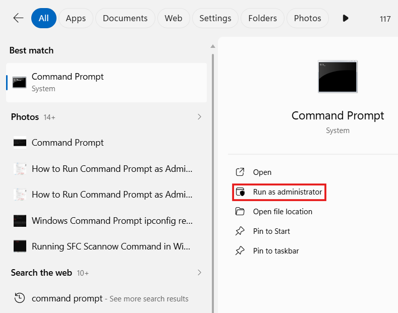 Windows Search menu showing the Command Prompt application with a red box highlighting the Run as administrator option.