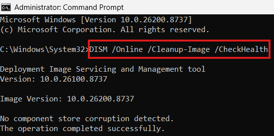 Windows Administrator Command Prompt window showing the successful execution of the DISM CheckHealth command with no component store corruption detected.