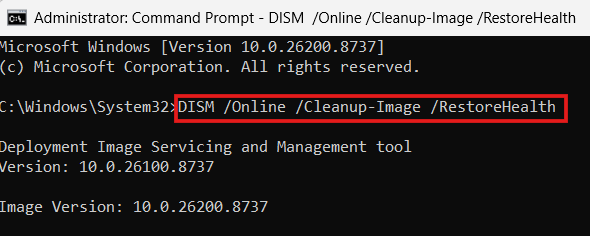 Windows Administrator Command Prompt window with a red box highlighting the DISM RestoreHealth command to repair a corrupt operating system image.