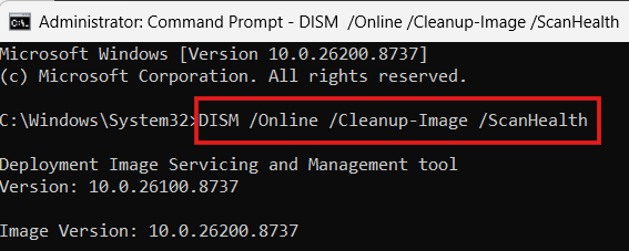 Windows Administrator Command Prompt window showing the initiation of the DISM ScanHealth command to check for system component store corruption.