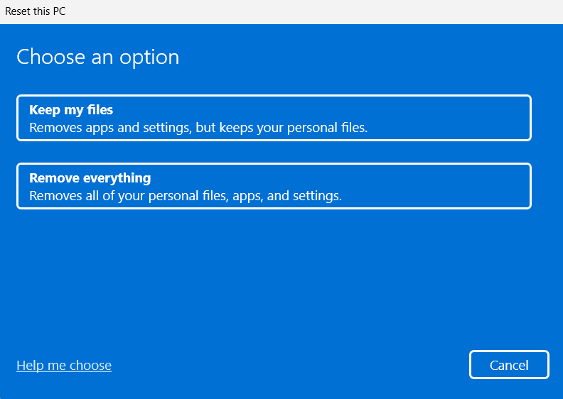 Windows "Reset this PC" blue screen setup menu displaying options to "Keep my files" or "Remove everything."