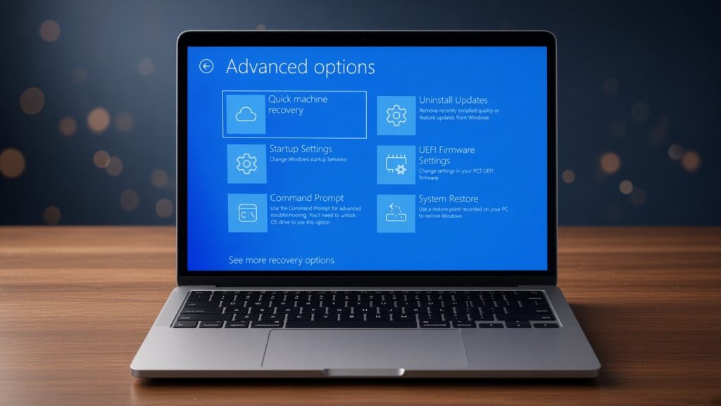 Laptop open on a wooden table displaying the blue Windows Advanced Options recovery menu screen with troubleshooting tools.