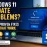 Laptop displaying Windows 11 update failed error screen with code 0x80070002 next to promotional text for eleven proven fixes.