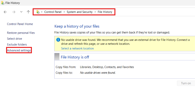  A screenshot of the Windows File History window showing a left sidebar menu. A red box outlines the navigation breadcrumb path at the top, and another red box highlights the "Advanced settings" link on the left menu.
