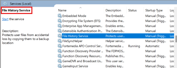 A screenshot of the Windows Services Local management console showing the File History Service highlighted. The status is blank, the startup type is set to Manual (Trigger Start), and a red box outlines the service name on the left panel.