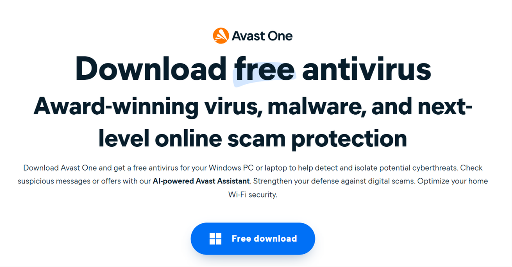 Screenshot of the Avast One landing page featuring a call-to-action to download their free antivirus software for Windows.
