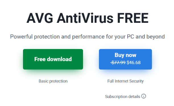 Screenshot of the AVG AntiVirus FREE website landing page showing download options for free basic protection or an upgraded full internet security subscription.