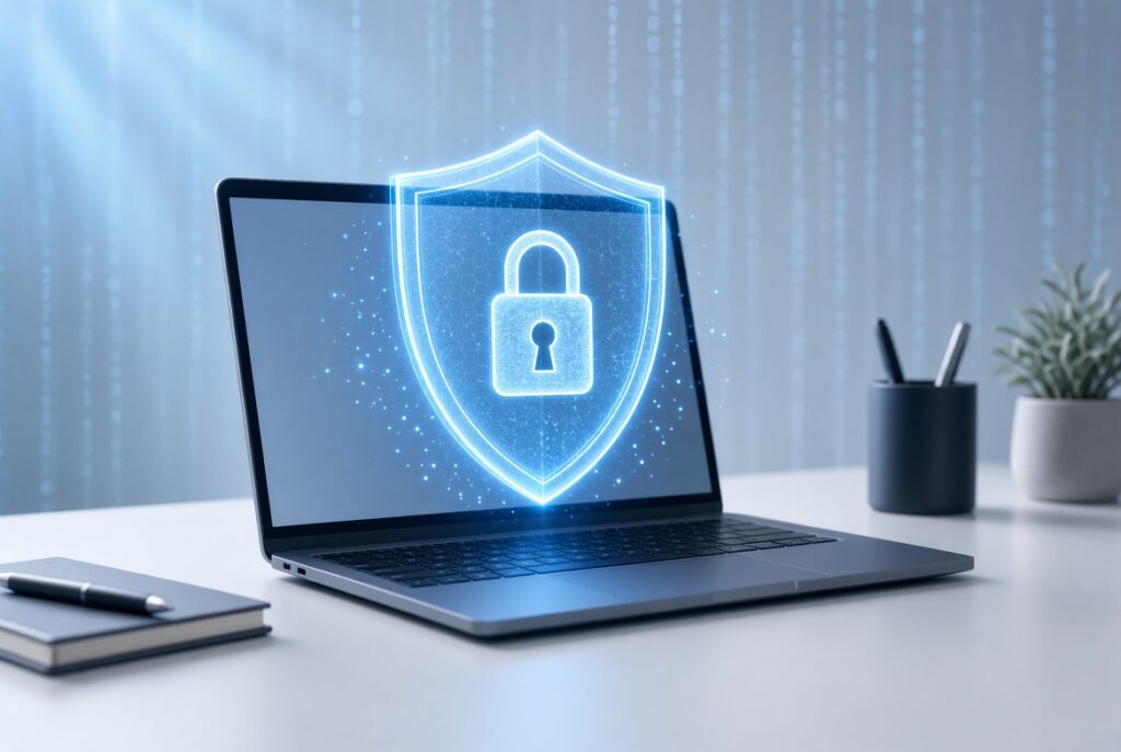 A laptop open on a modern desk with a glowing blue digital shield and padlock icon overlay, symbolizing cybersecurity and data protection.