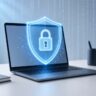 A laptop open on a modern desk with a glowing blue digital shield and padlock icon overlay, symbolizing cybersecurity and data protection.