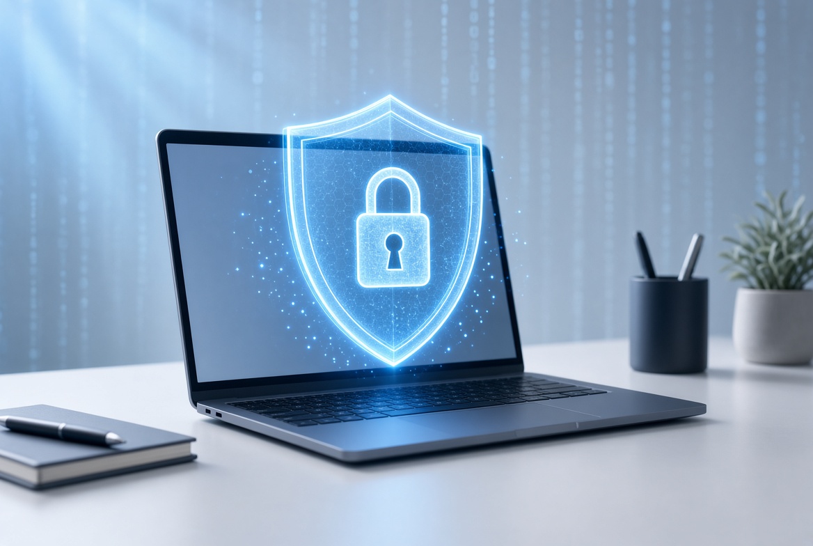A laptop open on a modern desk with a glowing blue digital shield and padlock icon overlay, symbolizing cybersecurity and data protection.