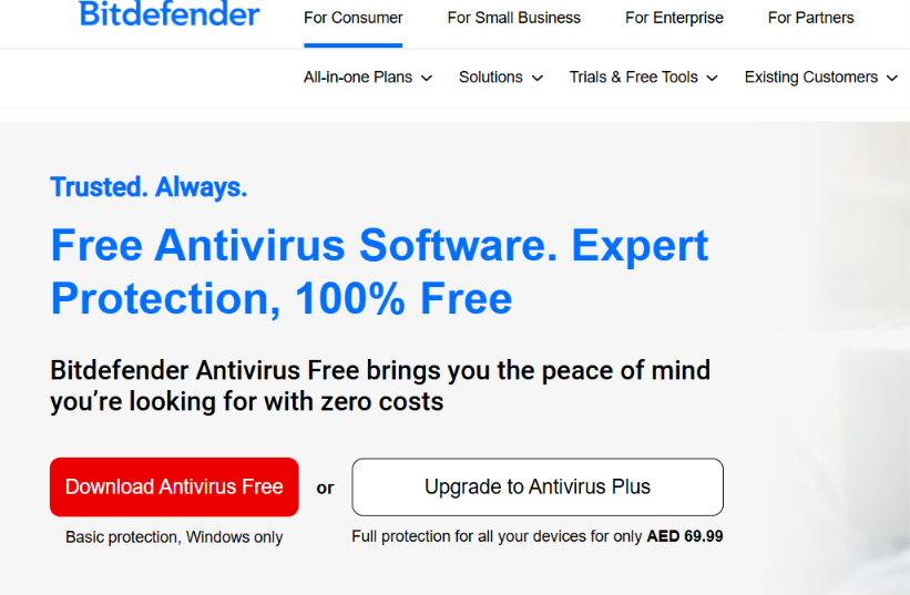 Screenshot of the Bitdefender website homepage offering free antivirus software for Windows with options to download for free or upgrade to Antivirus Plus.