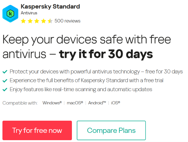 Screenshot of the Kaspersky Standard Antivirus landing page promoting a 30-day free trial with buttons to try for free now or compare plans.
