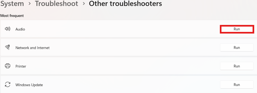 Windows 11 Other troubleshooters menu with a red box highlighting the Run button next to the Audio option.