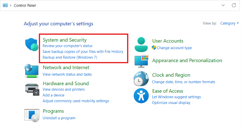 Windows Control Panel home screen in Category view with a red box highlighting the System and Security category section.