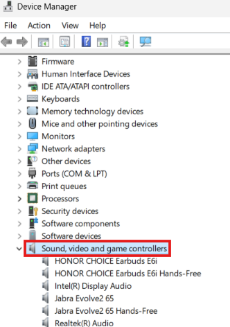 Windows Device Manager panel showing the Sound, video and game controllers category expanded with a red box outline.